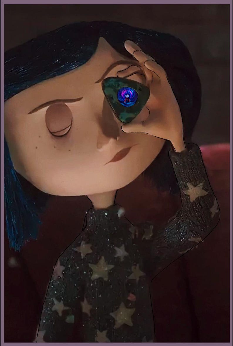 May include: A girl with blue hair is holding a green, blue, and purple triangular object in front of her eye. The object has a swirling pattern inside. She is wearing a black sweater with gold stars.