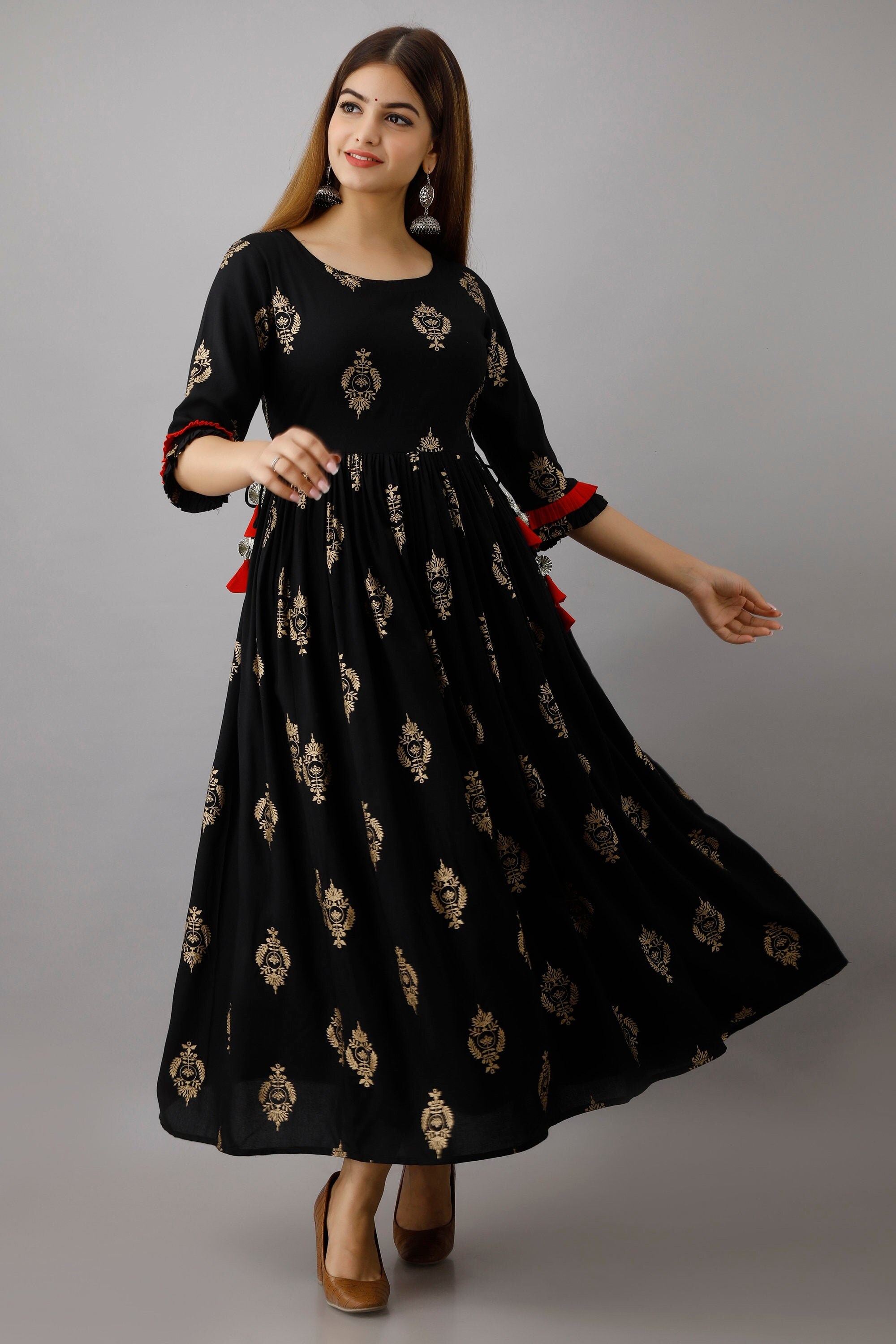 Punjabi Women Printed Rayon Flared Kurta Indian dress | Etsy