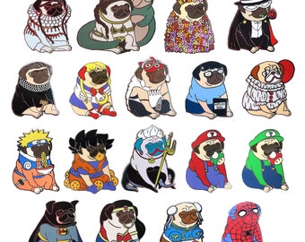May include: A set of 18 enamel pins featuring various pug designs. The pugs are depicted in different outfits and poses, including a superhero, a chef, a mermaid, and a gamer. The pins are colorful and detailed, and they would make a great gift for any pug lover.
