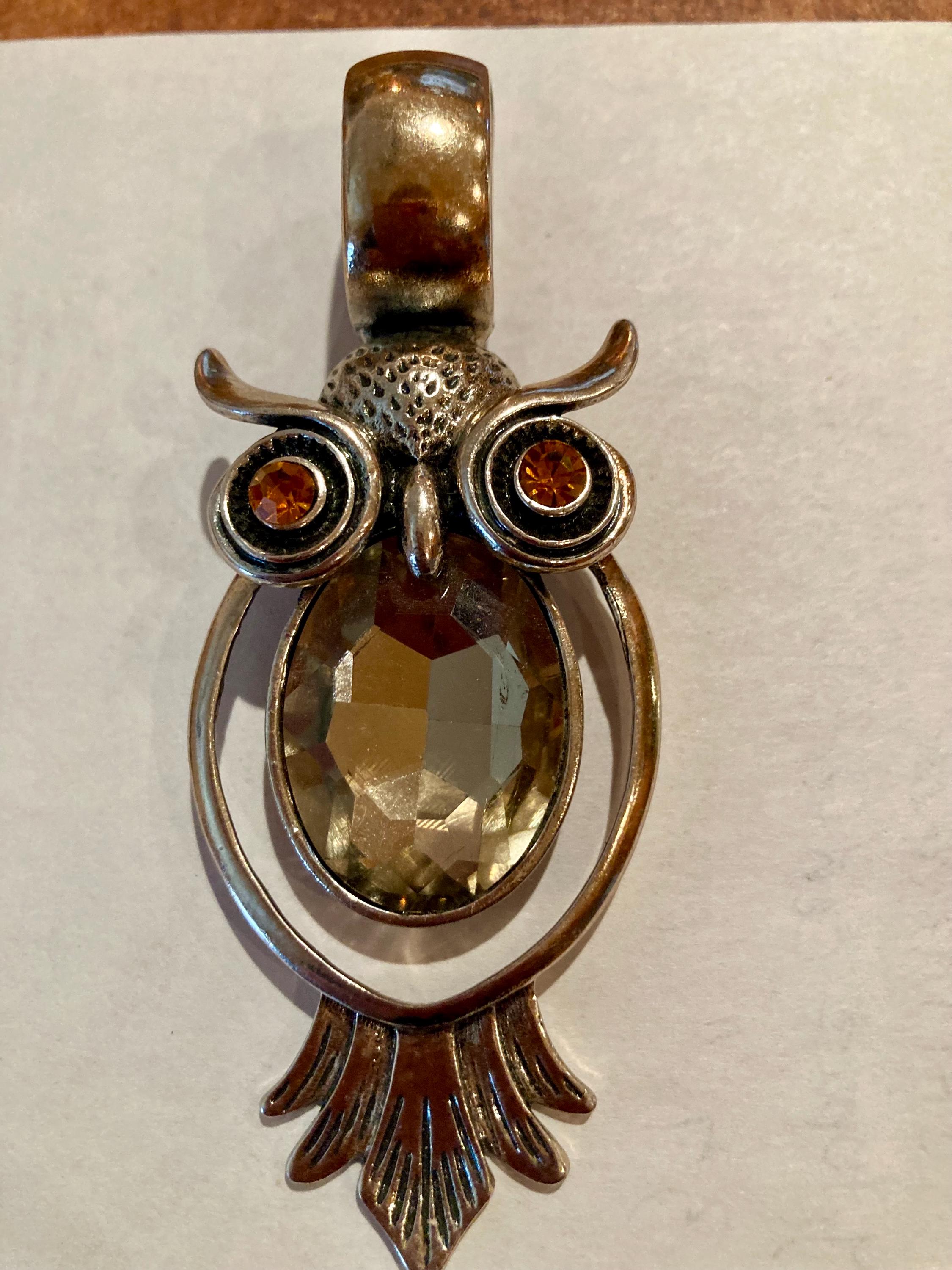 Large Horned Owl Pendant/ Scarf Enhancer, Smoky quartz and Citrine eyes