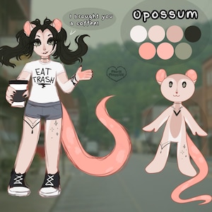May include: Digital illustration of an opossum character with a human-like form, holding a coffee cup and wearing a shirt that says "EAT TRASH." The character has a long pink tail and is set against a blurred outdoor background.