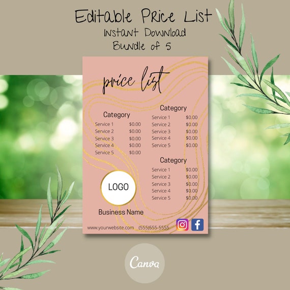 Rose Gold Price List Templates Etsy