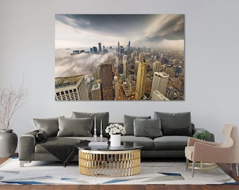 Chicago Skyline Canvas Print – Foggy Cityscape Panorama, Modern Architecture