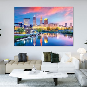 Night Cleveland City On Prints Reflection Of The City In The Water Cityscape On Canvas Cool Gift For Home City in Ohio USA Wall Decor