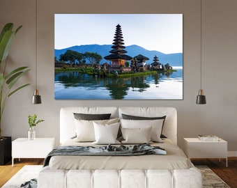 Bali Temple Canvas Print, Ulun Danu Bratan Lake Landscape Wall Art