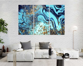 Blue and Gold Abstract Canvas Wall Art: Marine Style Print