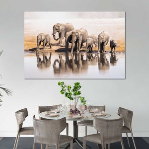 Elephant Herd Wildlife Photography Print – African Safari Wall Art | Nature Landscape Poster, Majestic Water Reflection Artwork