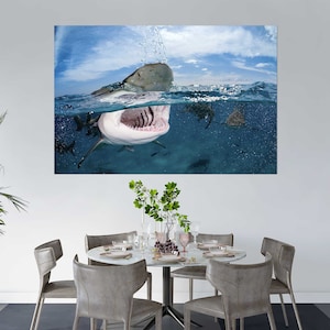 Shark Attack Canvas Print – Underwater Predator Wall Art with Open Jaw Ocean Scene – Bold Decor or Gift for Divers and Marine Life Lovers
