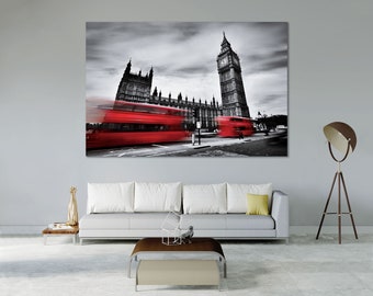 London Skyline Canvas Art with Red Bus and Big Ben Cityscape