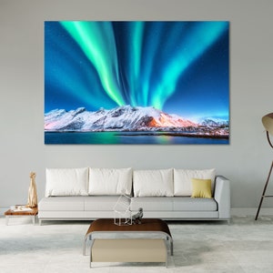 Northern Lights Canvas Print, Aurora Borealis Wall Art Over Snow Mountains and Arctic Sky – Nature Photography Gift for Travel Lovers
