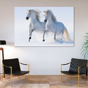 May include: Two white horses running through a snowy field. The horses are running side by side, with their manes flowing in the wind.