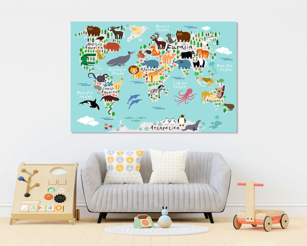 Kids World Map Canvas – Educational Animal Art, Nursery Decor - Etsy