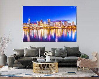 Portland Skyline Canvas Print: Bright Lights Reflection, Oregon Wall Art