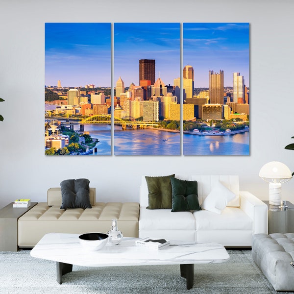 Pittsburgh Skyline Sunset Pittsburgh Downtown Artwork Warm Sun Lights in Pittsburgh Pittsburgh Art on Canvas City in Pennsylvania