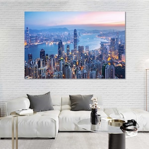 Hong Kong Skyline Sunset Canvas – Modern Cityscape Wall Art with Skyscrapers and Victoria Harbour for Urban Decor or Gift