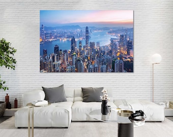 Hong Kong Skyline Sunset Canvas – Modern Cityscape Wall Art with Skyscrapers and Victoria Harbour for Urban Decor or Gift