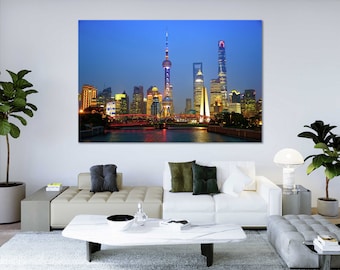 Shanghai Night Skyline Canvas Wall Art for Office Decor