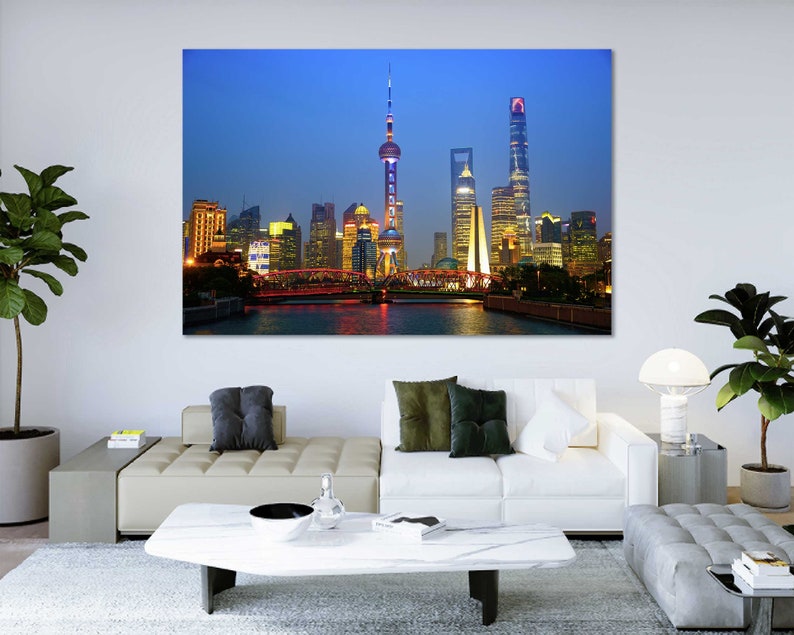 Shanghai Night Cityscape Print Decor Shanghai Contemporary Wall Arts Shanghai Creative Art for Home Shanghai Painting Arts Wall China Photo