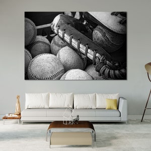 Vintage Baseball Photography Print – Classic Sports Wall Art | Black and White Baseball Glove & Balls Poster for Sports Enthusiasts