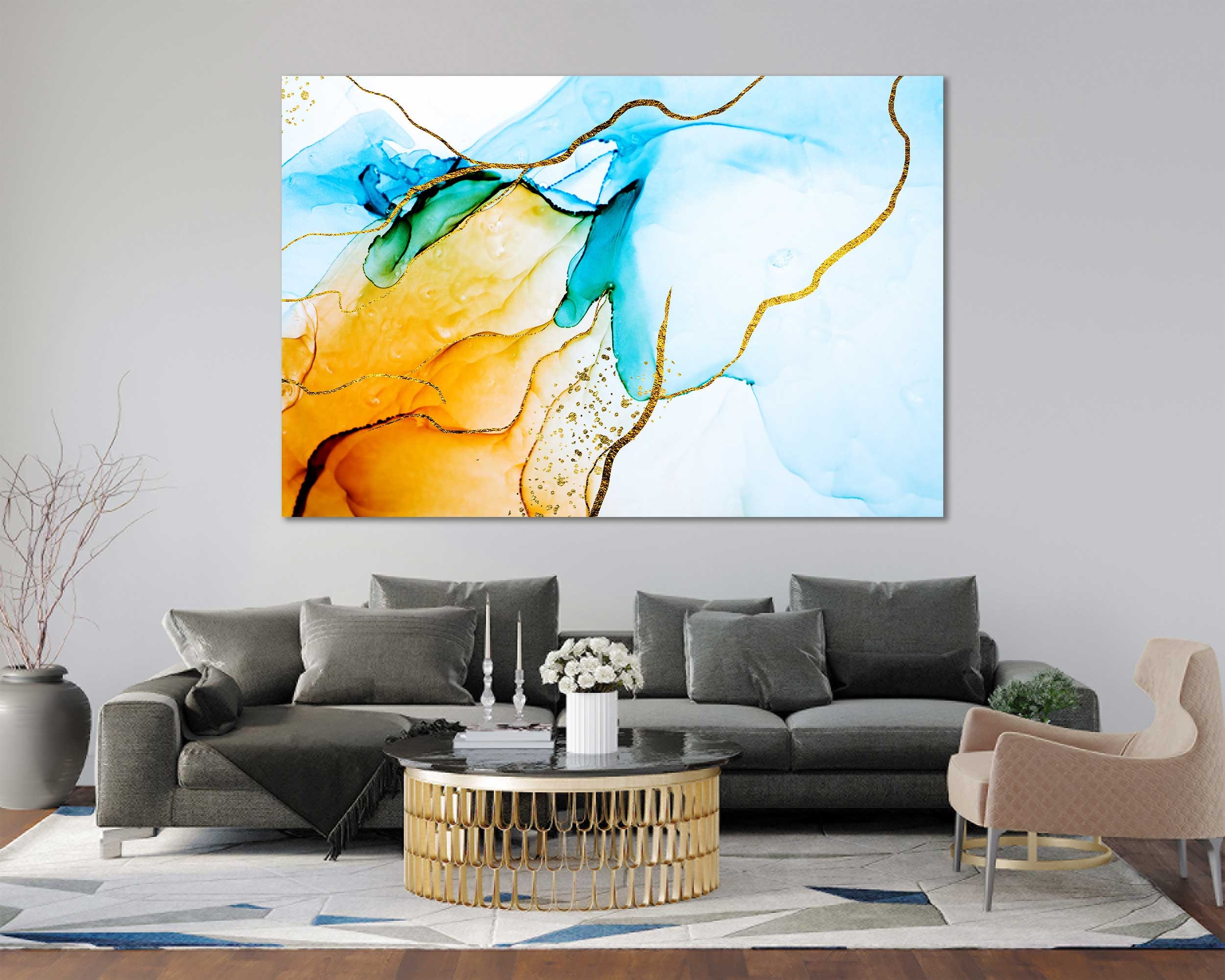 Yellow and Blue Abstract Wall Canvas Art Abstract Canvas Home Etsy