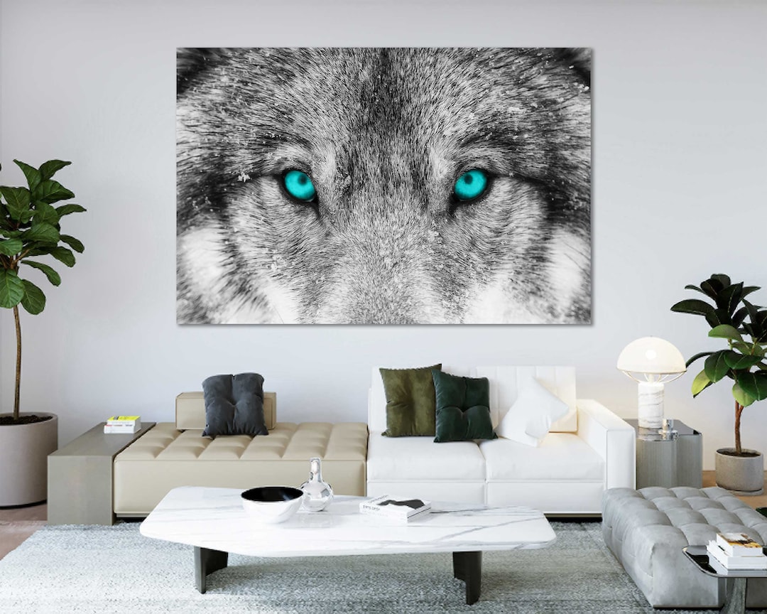 Grey Wolf With Blue Eyes Wall Art Wolf Painting Decor on Canvas Wolf
