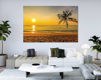 Tropical Sunset Canvas Wall Art with Palm Tree, Beach Decor