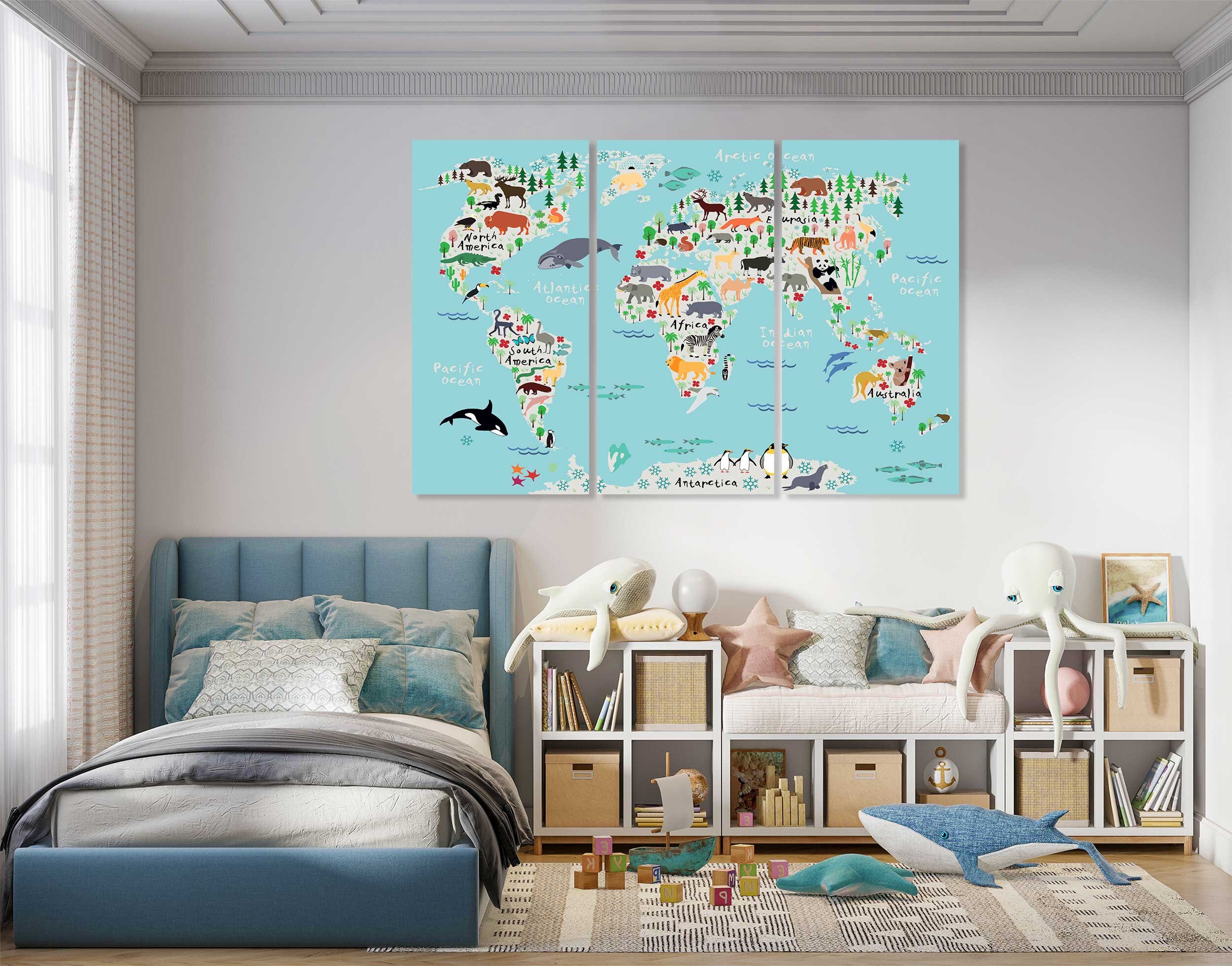 Animal World Map for Kids Room Animal Map Art Canvas Print Kids Map ...