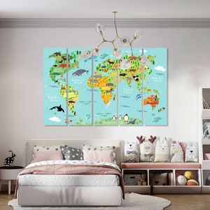 Kinder Weltkarte Druck auf Leinwand Tier Karte Wand Kunst Design Kinder Karte Wand Leinwand Dekor Kinder Weltkarte Bunte WandDekoration