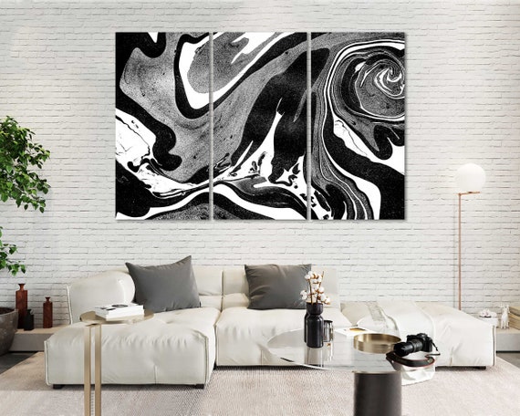 thumbnail image 2 of Large Abstract Art Print – Black Grey White Framed Split Canvas, 56x27 Inch, 4 Panels 2 of 2