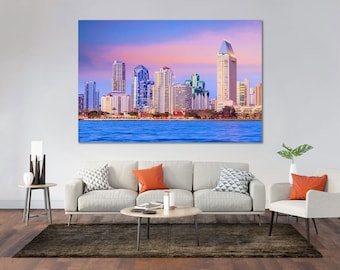 Impresión en lienzo del horizonte de San Diego: arte mural con paisaje urbano costero al atardecer