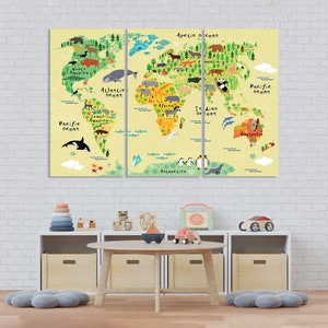 Kinder Tier Weltkarte Raumdekor Tier Karte Große Wand Dekor Gelb Kinder Karte Paint Art Kinder Welt Karte Leinwand Kunst Kinder Karte Reisen
