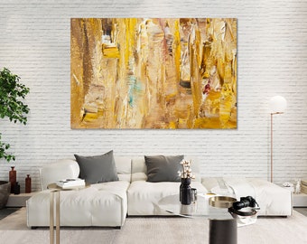 Cuadro abstracto texturizado en lienzo amarillo dorado para decoración moderna.