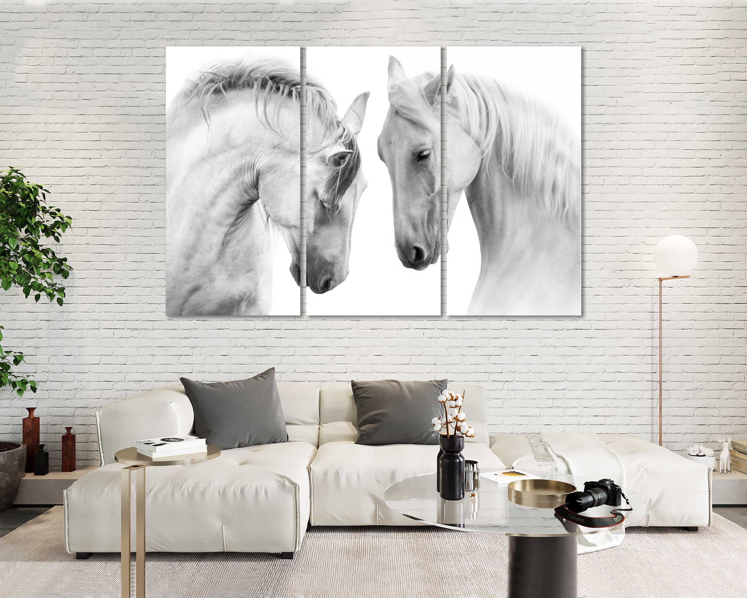 A356 White Horses Black Grey Funky Animal Canvas Wall Art Large Picture Prints 