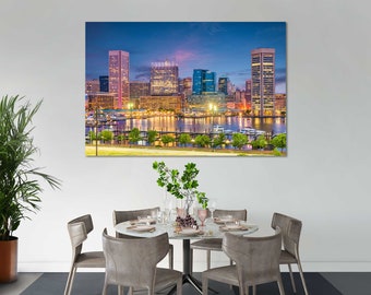 Baltimore Inner Harbor Print – Nocny widok na panoramę miasta w stanie Maryland – grafika ścienna