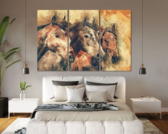 Trois chevaux Art abstrait sur toile Trois chevaux Impression Décoration Trois chevaux Art abstrait moderne pour grand mur Œuvre d’art populaire pour la maison