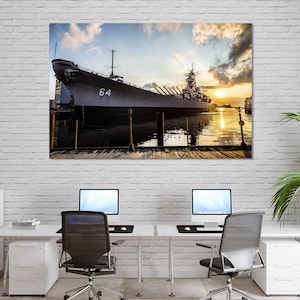 Navy Warship at Sunset Canvas Print – Military Battleship Photography Wall Art for Veterans, Offices, History or Navy Gifts