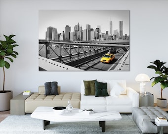 NYC Yellow Taxi Canvas Print – Brooklyn Bridge Black and White Skyline