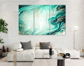 Lienzo abstracto de mármol verde azulado y dorado: impresión fluida moderna