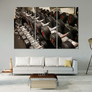 Dumbbells Gym Canvas Wall Art – Motivational Fitness Print for Home Gym, Weightlifting Room or Gift for Athletes and Gym Lovers