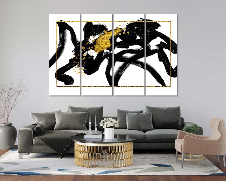 Black and White Abstract With Gold Accent Drawing Art for Home - Etsy