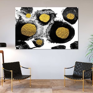 Black and Gold Abstract Canvas – Minimalist Ink Style Wall Art with Metallic Circles for Modern Interior or Gift for Art Lovers