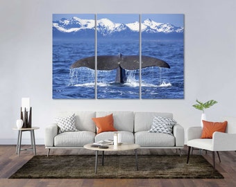 Ocean Wall Art Whale Tail Canvas, Blue Underwater Nautical Decor, Ready to Hang