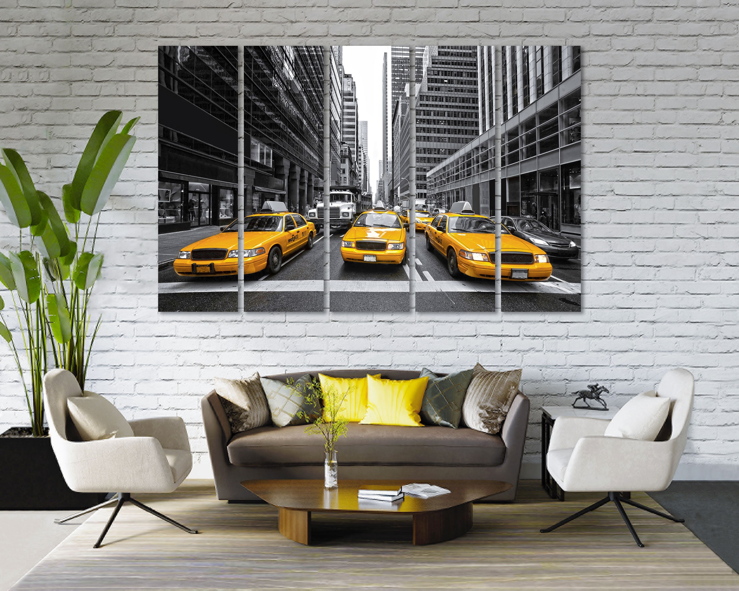 Lindo ニューヨークタクシー壁掛けアート NYC Taxi Canvas Print: Black and White, Yellow Accents, Urban Wall