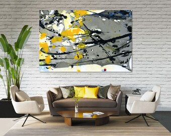 Grey & Yellow Paint Splatter Abstract Art Print on Canvas