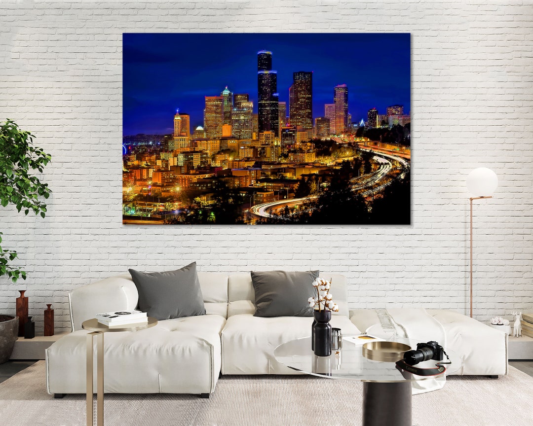 Seattle Cityscape Wall Art – Vibrant Night Skyline With Highway Lights ...