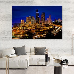 Seattle Cityscape Wall Art – Vibrant Night Skyline with Highway Lights | Urban Photography Print for Home, Office or Gift Idea