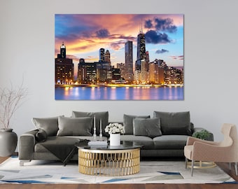 Chicago Skyline Canvas Art, Sunset Cityscape Wall Decor for Office and Home