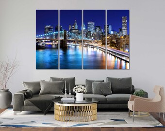 Night Lights on Brooklyn Bridge in New York Colorful Reflection Lights on Water Skyline New York New York City Line on Canvas