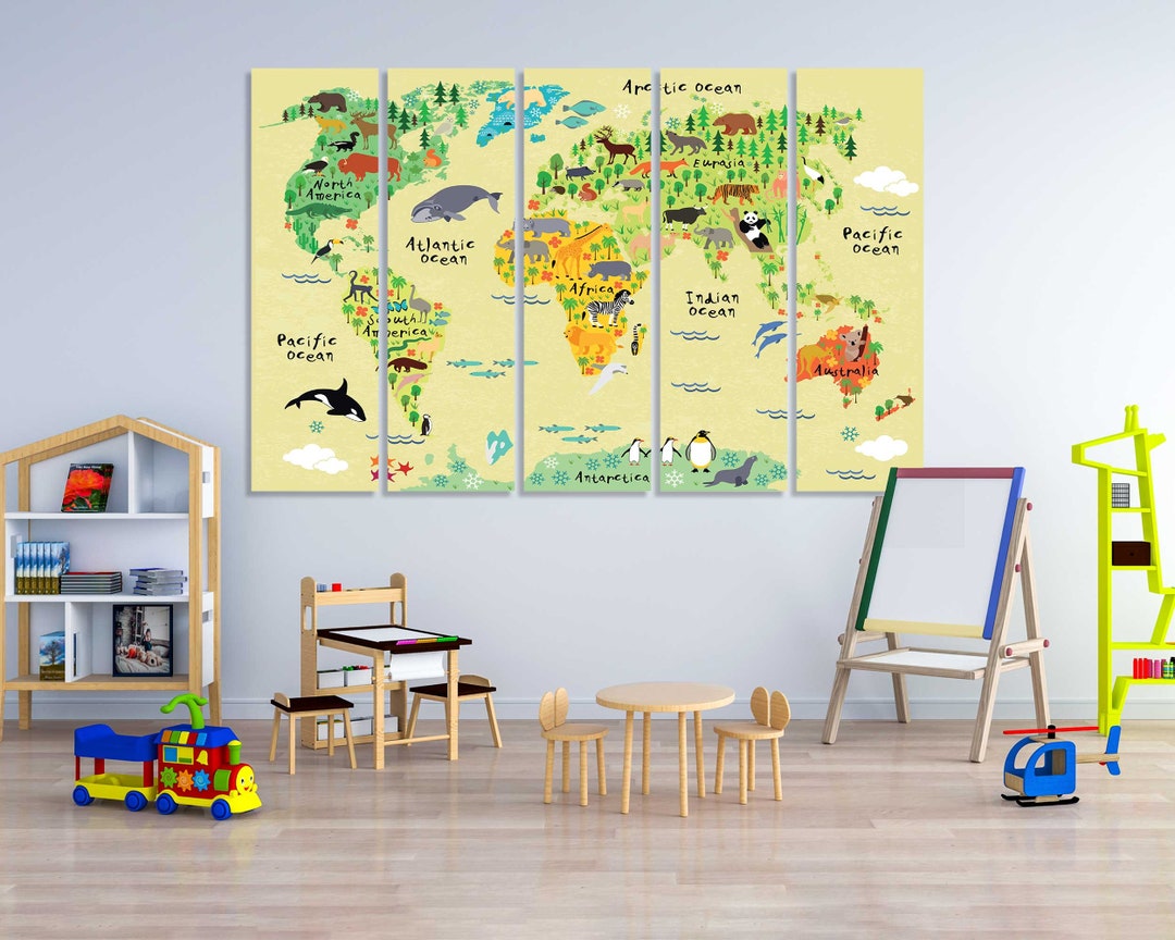 Kids Animal World Map Canvas – Fun Educational Wall Art for Children’s ...