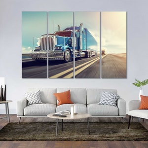 Blue Truck on Road Cool Stylish Wall Art for Interior Truck Pictures Wall Decor Logistic Transportations Artwork Trucks Photo Print Art
